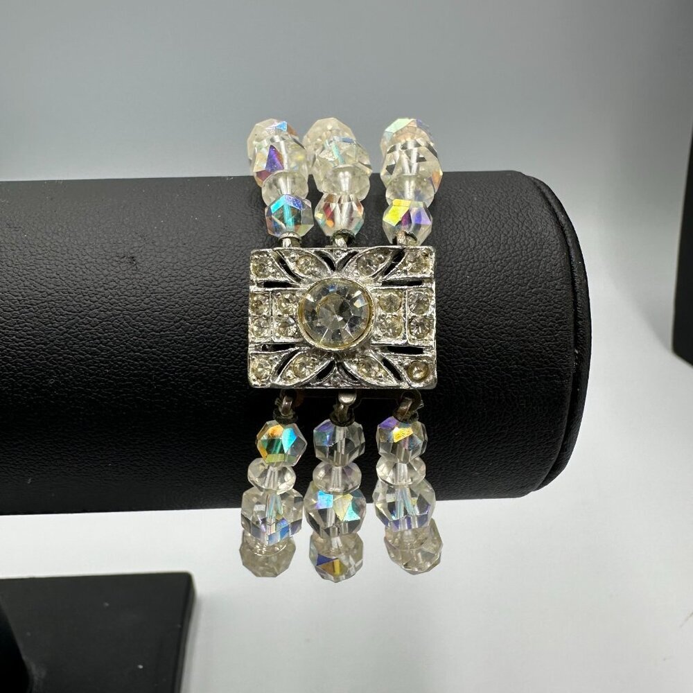 Vintage Aurora Borealis Glass Bracelet Multi Strand Clear Crystal Beads Art Deco - Picture 5 of 12